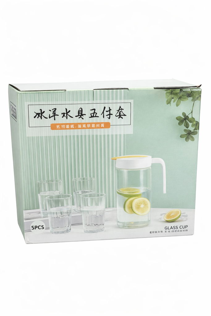 Glass water/juice jug with 4 pcs cups minimalist design with lid 32 oz