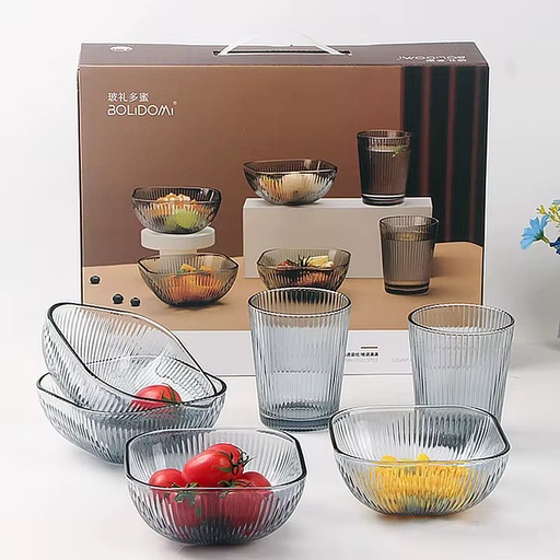 Set de vaisselle en verre carré 6 pièces – assiettes et bols, design élégant et moderne